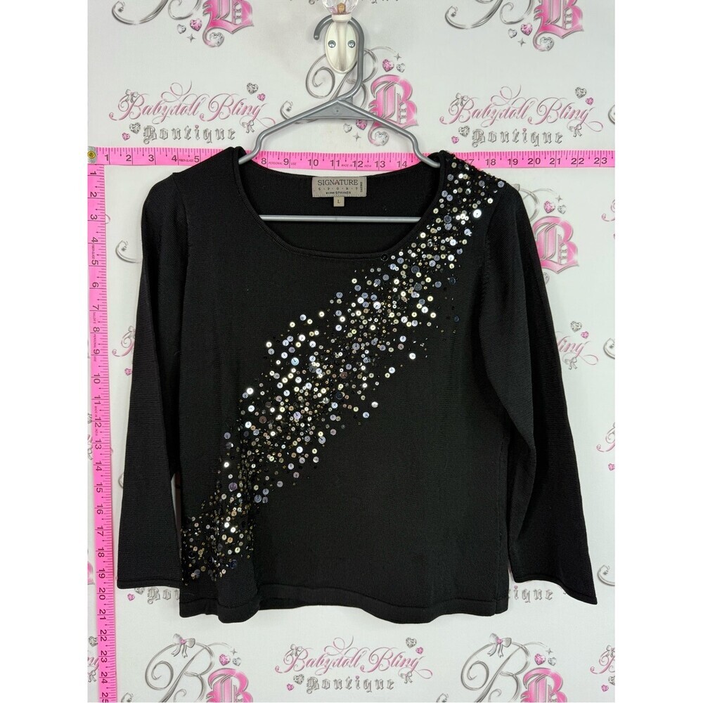 SPANNER Black Long Sleeve Top with Diagonal Sequin Scatter sequins